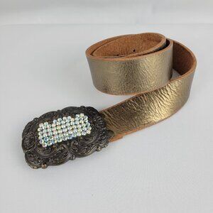 Fossil Gold Leather Adjustable Rhinestone Filigree Metal Buckle Medium Belt